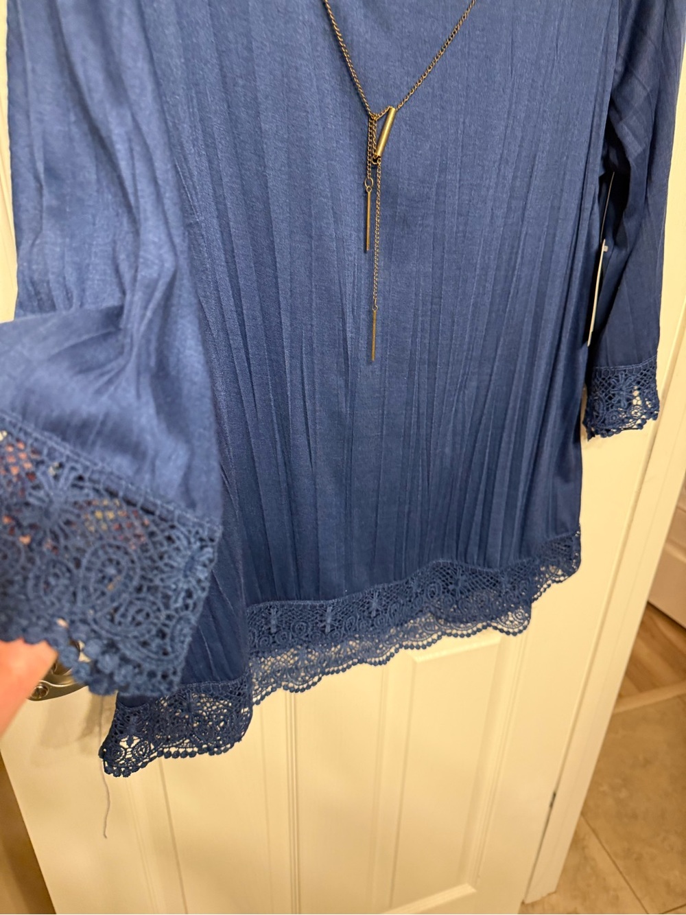 New York Laundry Navy Pleated Tunic with Lace Trim